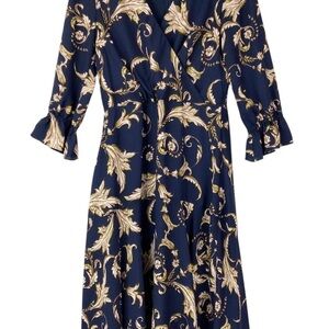Elegant Navy Midi Wrap Dress with Gold Scroll Print